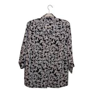 Notations Woman Black White Butterflies Button Up Blouse Half Tank Insert 2X
